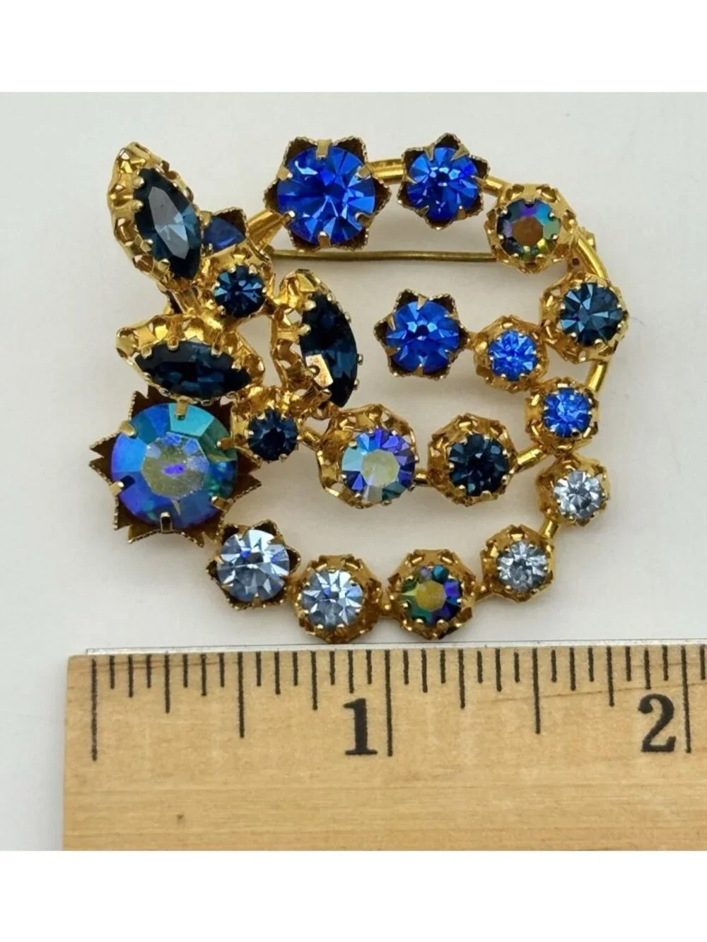 Vintage AUSTRIAN Brooch, Blue Crystal AB Rhinestone Prong Set, Lots of Sparkle!
